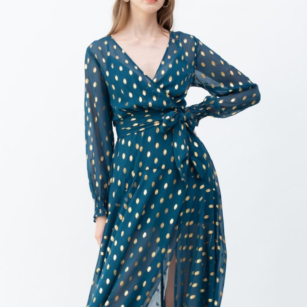 Chicwish -  Oval Dots Semi-Sheer Split Wrap Dress in Emerald - Large